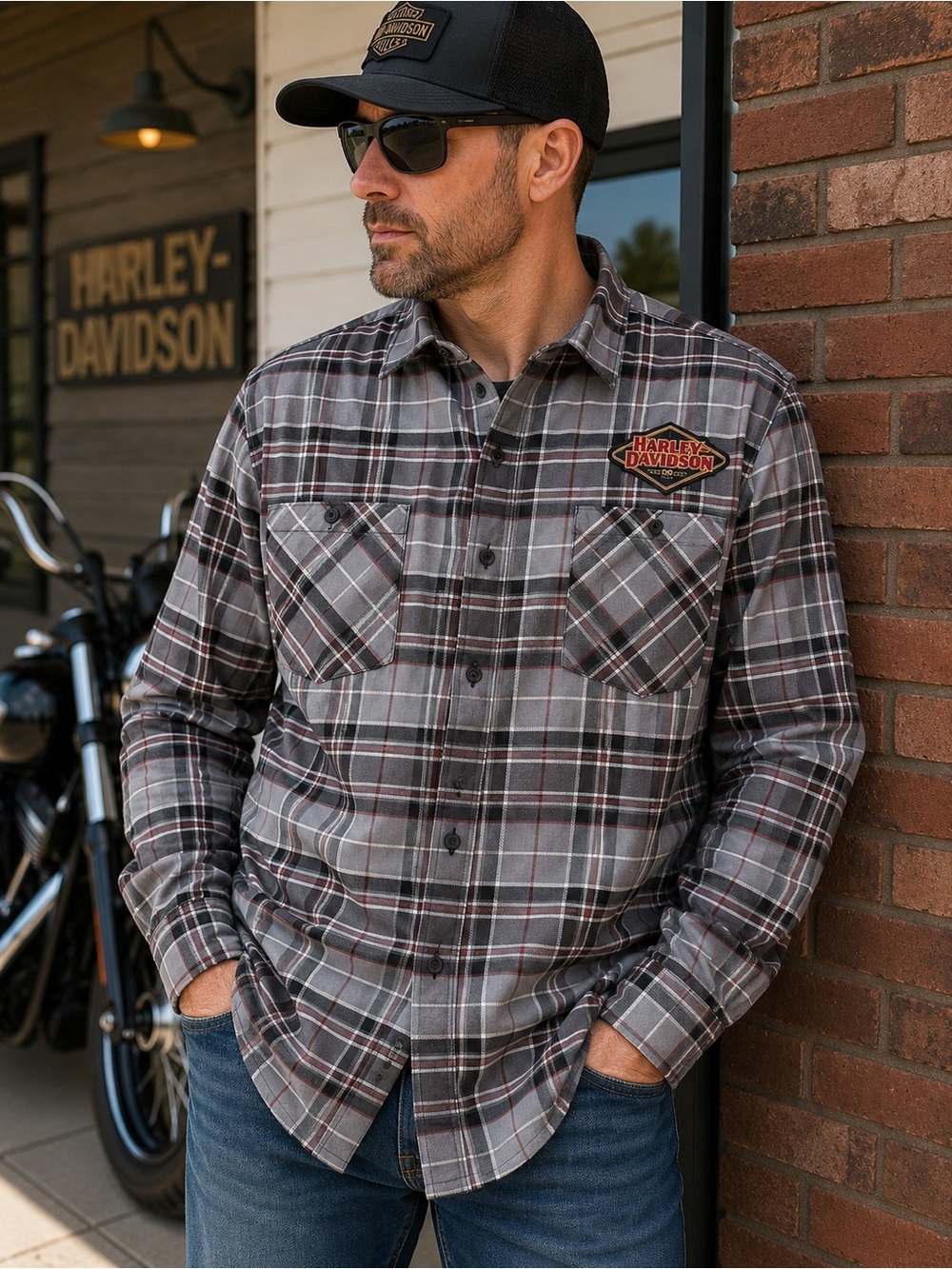 Harley Davidson 120 Years Gray Plaid Stretch Button Up Shirt Men's 2XL